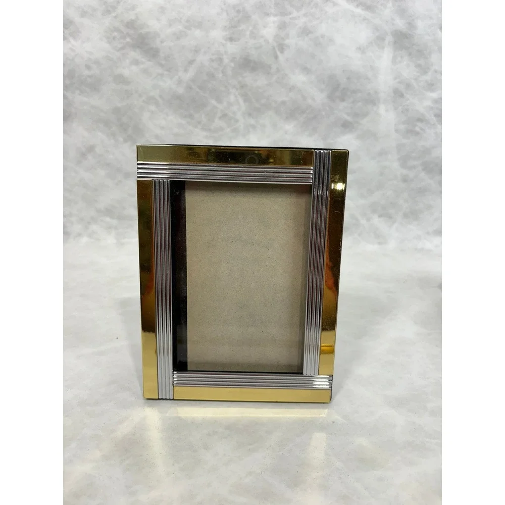 Vintage Two Tone Gold and Silver Ribbed Metal Picture Frame 5x7 Art‎ Deco Style